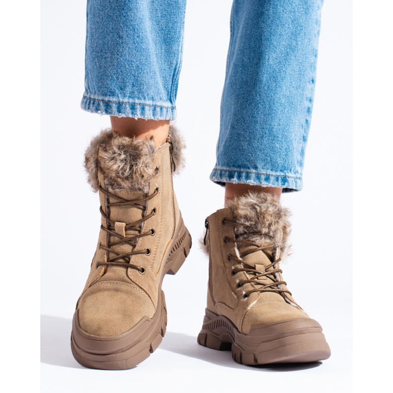 Ladies' brown hiking boots with fur beige 2