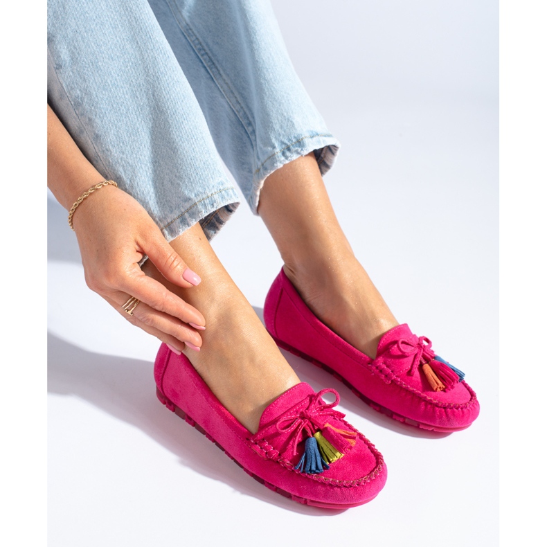 Fuchsia suede boho loafers with tassels Shelovet pink 1