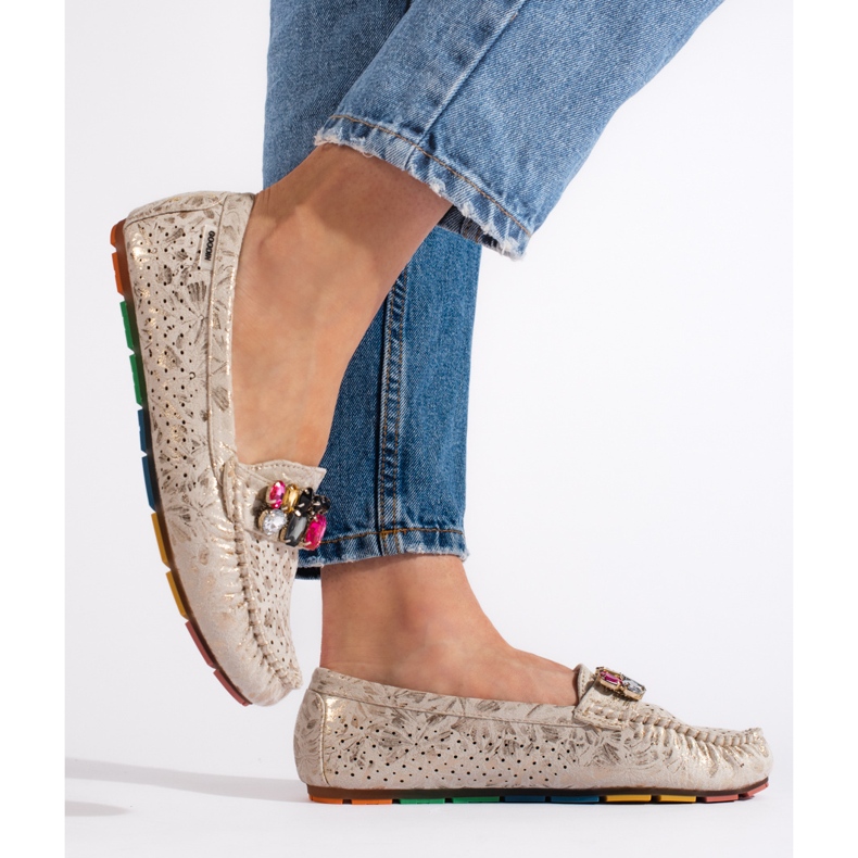 Goodin Gold women's openwork moccasins with crystals golden 1