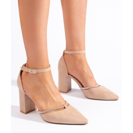 Beige suede high-heeled pumps 1