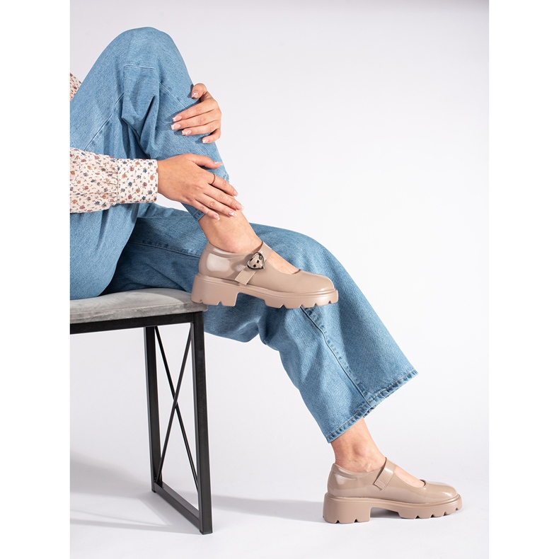 Patent leather beige loafers with a thick sole 2