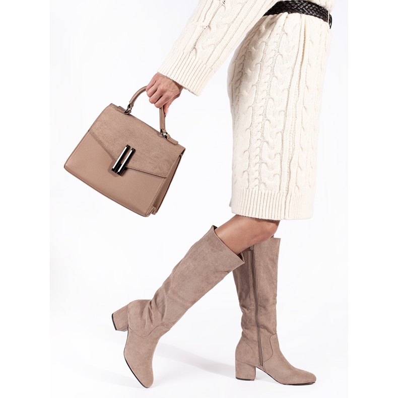 Beige suede women's boots with a heel 2