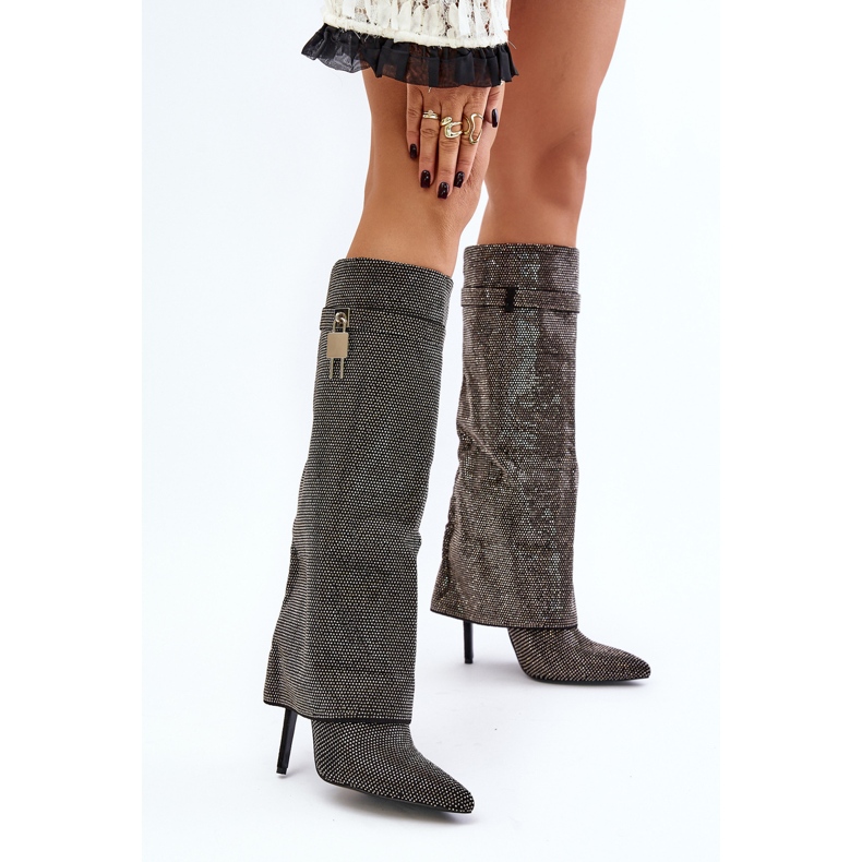 Black Enathlin Decorated Slip-On High Heel Boots With Turn-Down Shaft 2