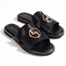 Black flat flip-flops with gold decoration 1