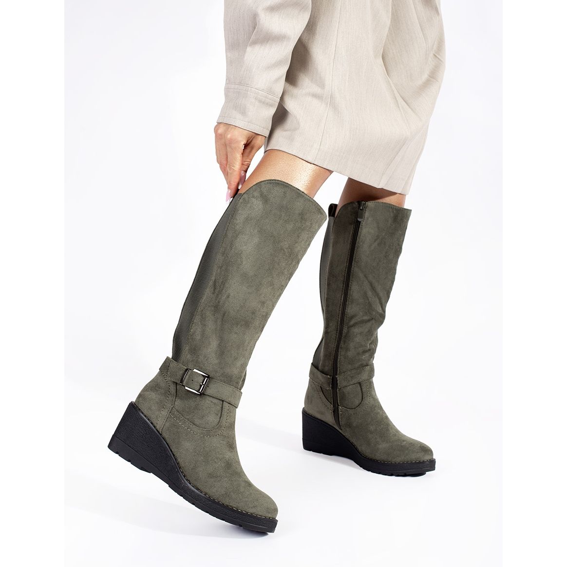 Suede Dark Green Wedge Boots Fashionable Shoes