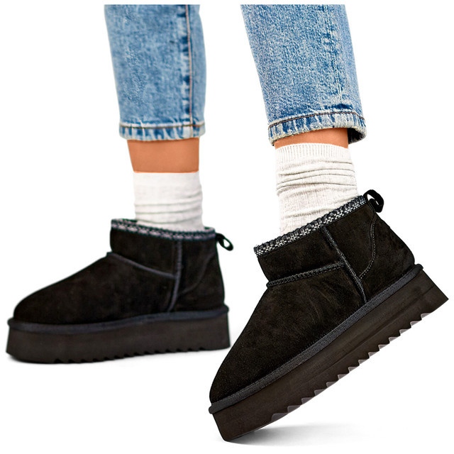 Black leather snow boots, women's insulated winter boots 2