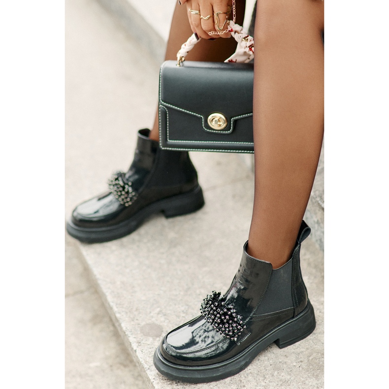 Leather Patent Ankle Boots With Decoration, Insulated Slip-On, Black Solimav 2