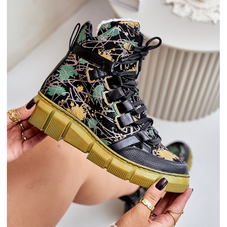 Leather Flat Laced Ankle Boots Maciejka 06158-07 Yellow and Black golden 2