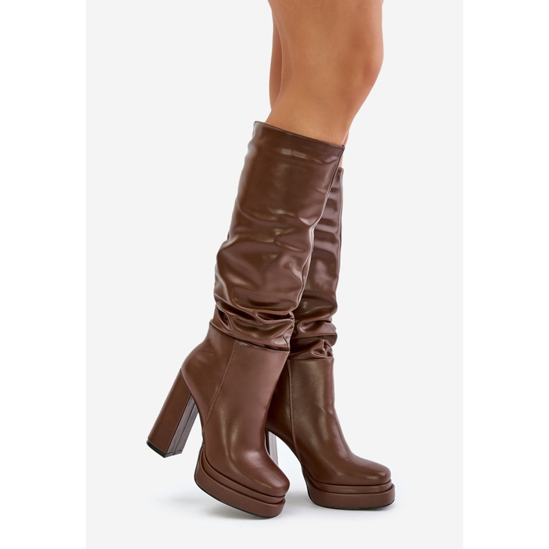 Brown Beridra Insulated Slip-On Boots On A High Heel And Platform With Ruching 1