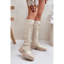 Women's Lace-up Sock Boots with Flat Heels, Beige Vamisha 2