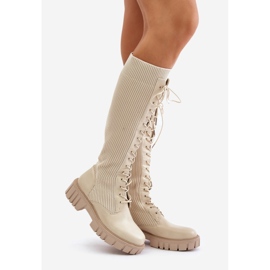 Women's Lace-up Sock Boots with Flat Heels, Beige Vamisha 1