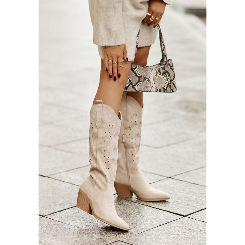 Over-the-knee cowboy boots with an openwork pattern, light beige Innathoria 1