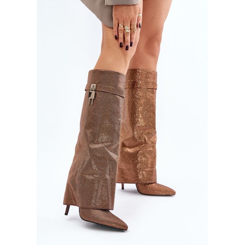 Decorated Slip-On High Heel Boots With Turned Up Shaft Brown Enathlin 2