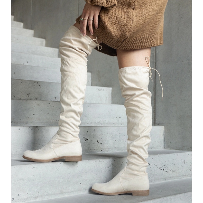 Beige long platform boots made of Hallora eco-suede 1