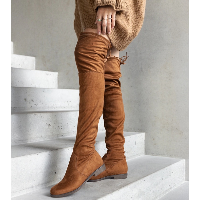 Brown long platform boots made of Hallora eco-suede 1