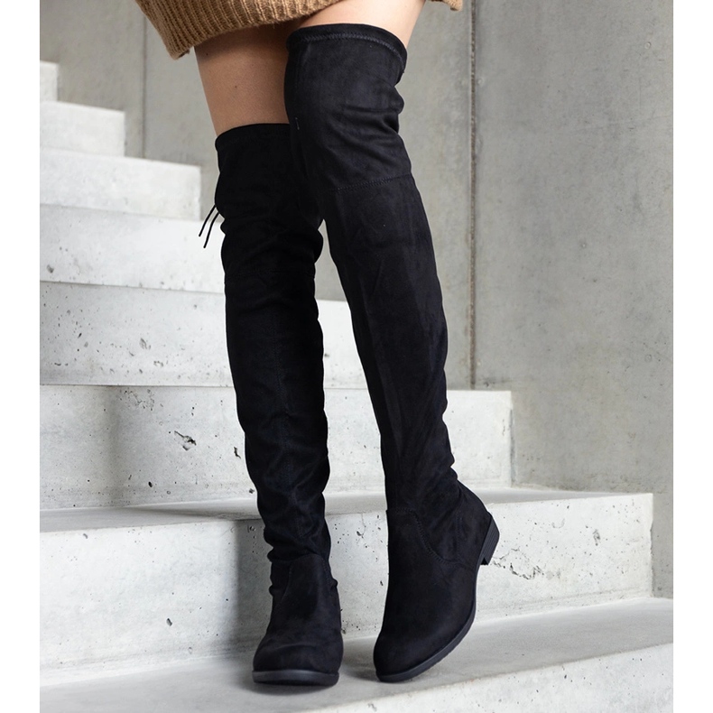 Black long platform boots made of Hallora eco-suede 1