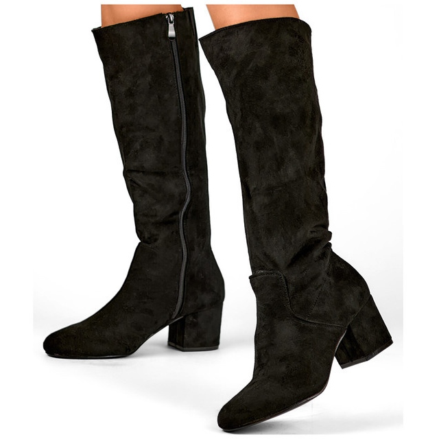 Black suede knee-high boots, women's low-heeled boots 2