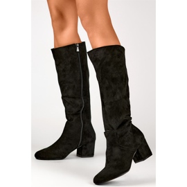 Black suede knee-high boots, women's low-heeled boots 1