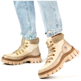 Beige insulated women's winter boots with fur, lace-up boots 2