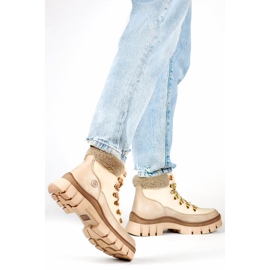 Beige insulated women's winter boots with fur, lace-up boots 1
