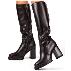 Black knee-high high-heeled boots, insulated women's boots with a heel, eco-leather 1