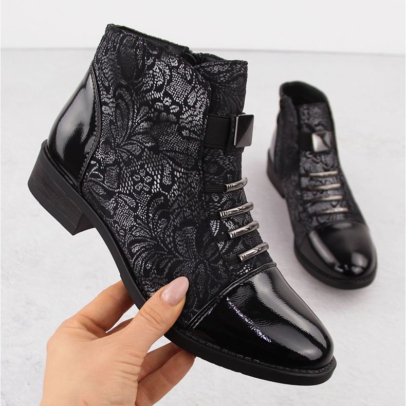 Black women's ankle boots with a silver flower motif Sabatina DM24-08 1