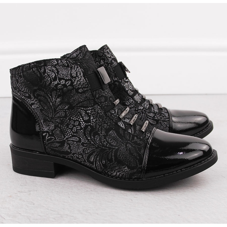 Black women's ankle boots with a silver flower motif Sabatina DM24-08 2