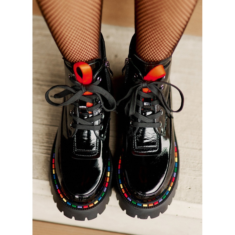 Black Anafra Leather Patent Worker Ankle Boots With Zipper 2