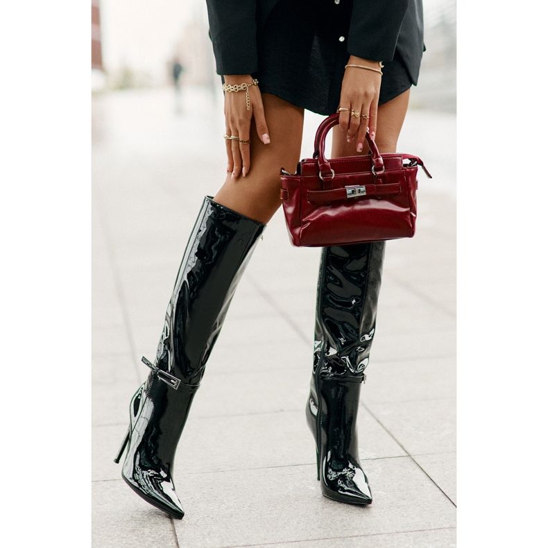 Patent Insulated Boots On A High Heel With A Buckle, Black Tameliae 2
