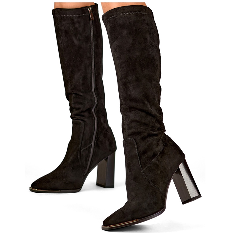 Black suede women's boots with a decorative toe 1