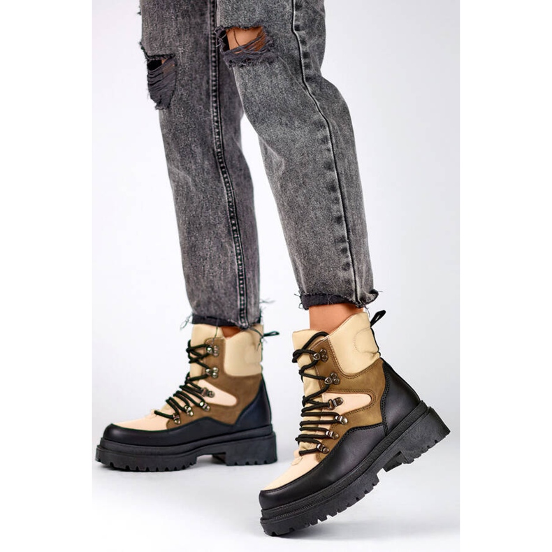Women's beige and black lace-up ankle boots A-852KH 2