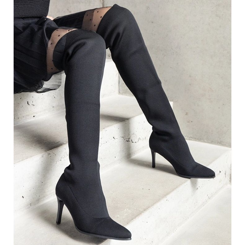 Black slip-on high-heeled boots with an elastic Atari upper 1