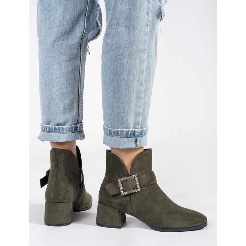 Dark green suede women's ankle boots with a silver buckle 2