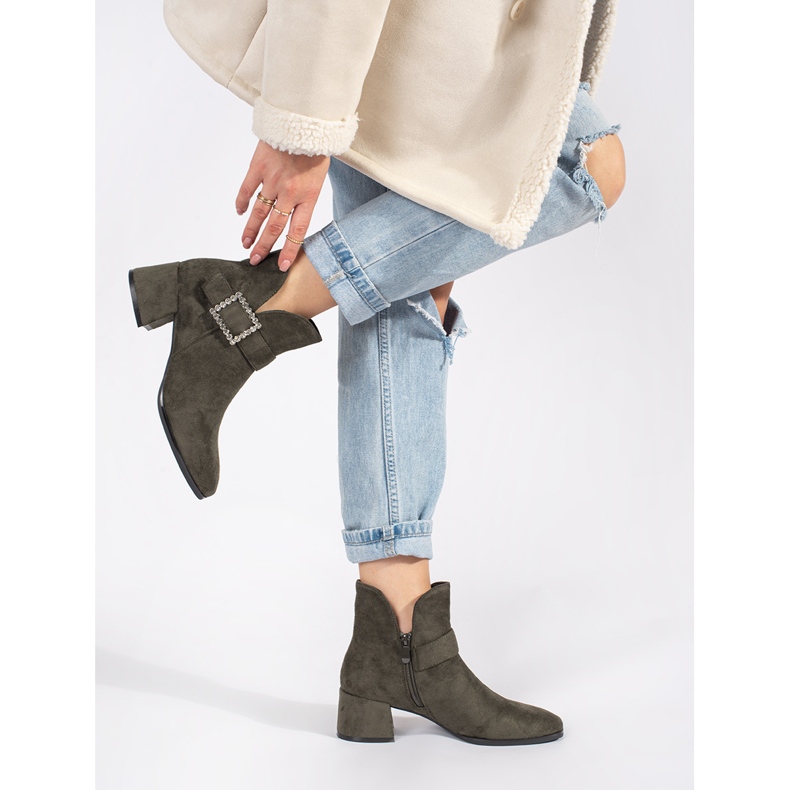 Dark green suede women's ankle boots with a silver buckle 1