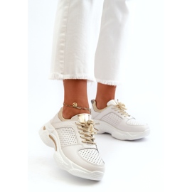 Jezzi Women's Leather Sports Sneakers With a Thick Sole, White and Gold 1