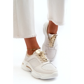 Jezzi Women's Leather Sports Sneakers With a Thick Sole, White and Gold 2