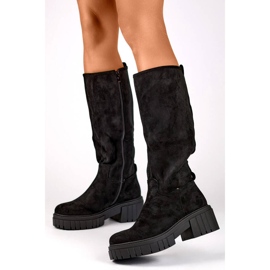 Women's suede boots with a thick sole, black DE1056B 1
