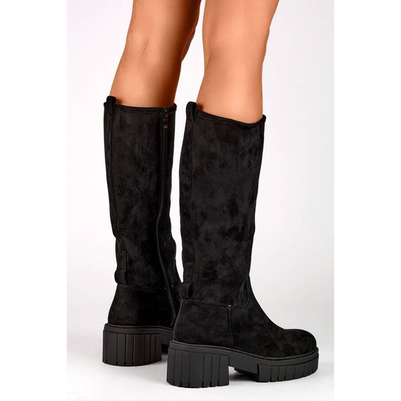 Women's suede boots with a thick sole, black DE1056B 2