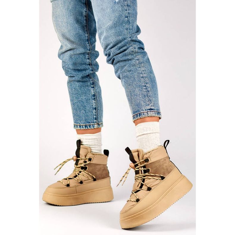 Women's lace-up snow boots with a thick sole, beige 24-72302BE 1