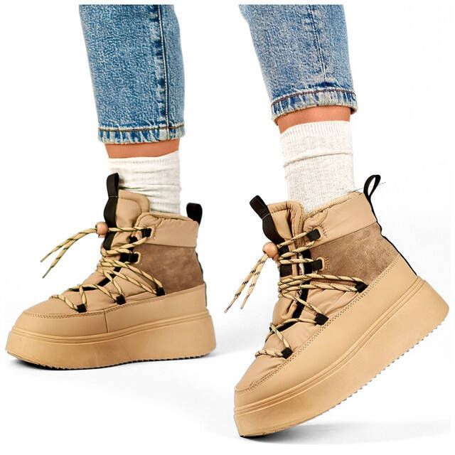 Women's lace-up snow boots with a thick sole, beige 24-72302BE 2