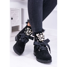 Suede Insulated Boots With Pearls and Ribbon, Black Perla 1