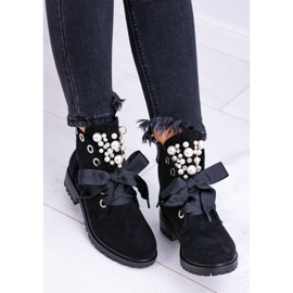 Suede Insulated Boots With Pearls and Ribbon, Black Perla 2