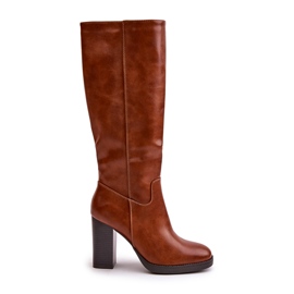Women's boots on the eco-leather post in front of the knee camel brown 8