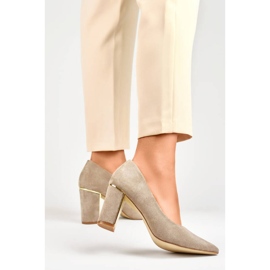 Women's pointed-toe pumps with a decorative heel, suede beige GD-DO112A-BE 1