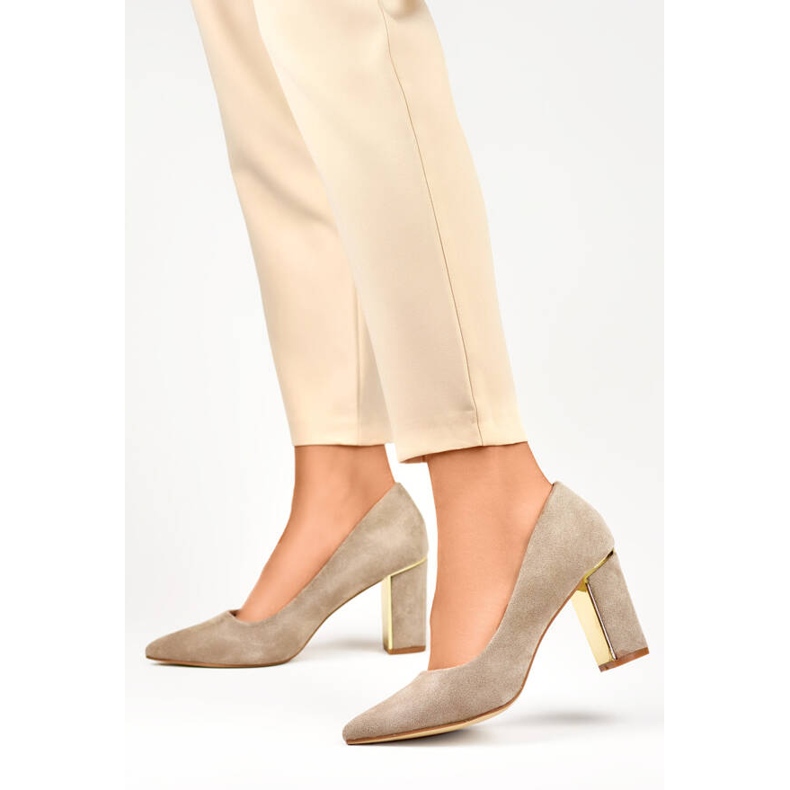 Women's pointed-toe pumps with a decorative heel, suede beige GD-DO112A-BE 2