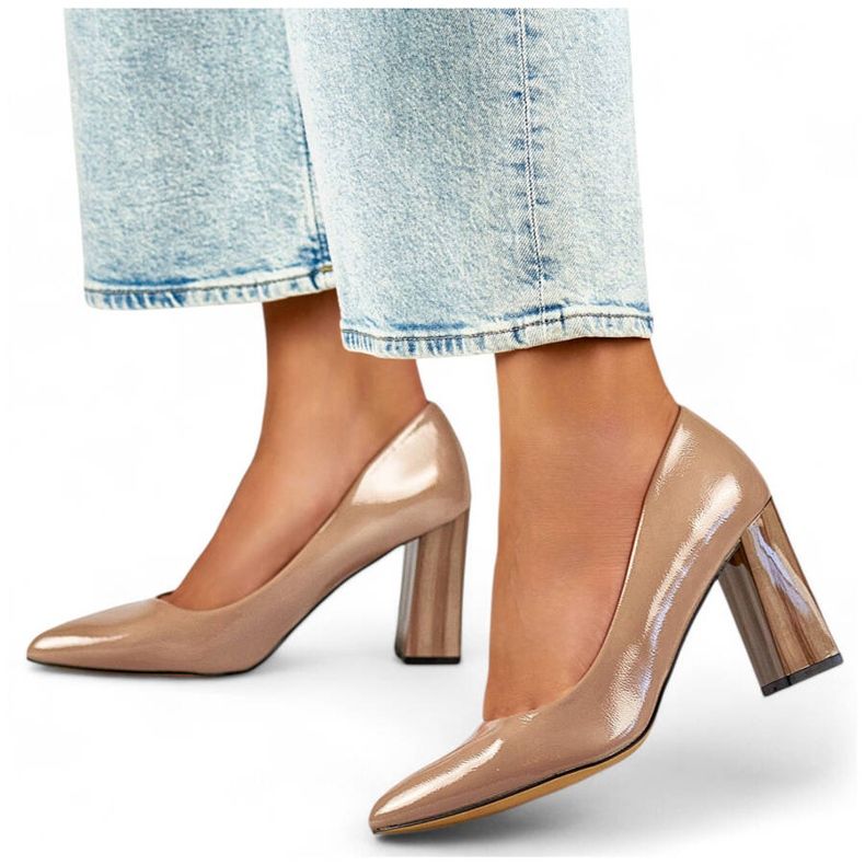 Women's pointed-toe high-heeled pumps, patent beige GD-FL486A-T 1