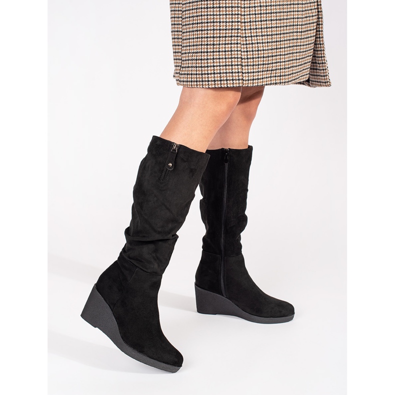 Black suede women's wedge boots 1