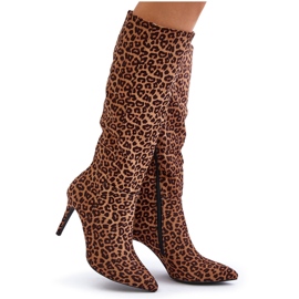 STEPHAN Brown Insulated boots made of eco-suede with a leopard print heel 9