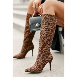 STEPHAN Brown Insulated boots made of eco-suede with a leopard print heel 7