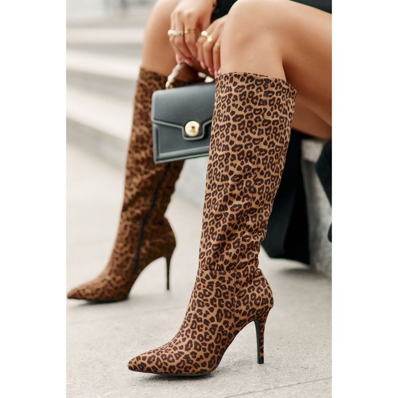 STEPHAN Brown Insulated boots made of eco-suede with a leopard print heel 7